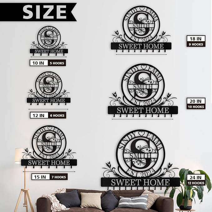 Dyoart Personalized Key Holder for Wall - Custom Family Name Metal Wall Key Hanger, Key Hooks with Monogram Design, Anniversary Couple Gifts, Key Rack Holder Wall Mount for Living Room, Bedroom