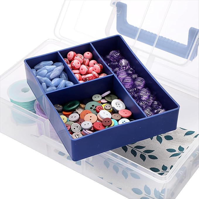 JUXYES Carry Craft Organizers Storage Box with Handle Lid and Diveded Tray | Clear Plastic Art Bin Sewing Storage Containers Tackle Box, 2 Layers Portable Storage Case for Craft, School Office Supplies