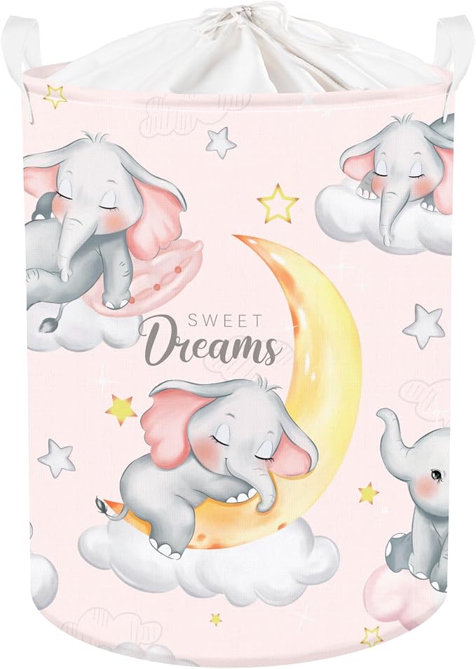 Clastyle Sleeping Elephant Kid Laundry Basket Pink Baby Girls Clothes Hamper for Nursery Collapsible Star Moon Towel Toy Storage Basket with Lid