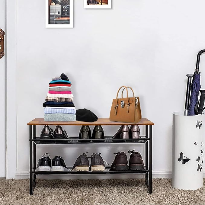 Garden 4 you Shoe Rack for Entryway 3 Tiers 11.8" D x 25" W x 20" H, Metal Shoe Rocks with Brown Wooden Tabletop, Angled Shoes Rack with Adjustable Mesh Shelves for Entryway Hallway Closet