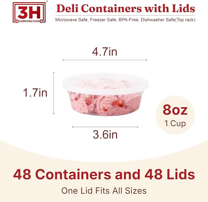 8 oz plastic containers with lids(48Set/96Pcs) BPA-Free Plastic Soup Containers with lids, Freezer Microwave Safe Small Cups for Portion Condiment Dipping Sauce, Salad Dressing