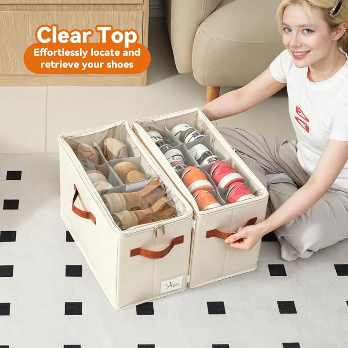 2 Pack Shoe Organizer for Closet, Space Saving, Beige | Fits 16-32 Pairs, Adjustable Dividers, Clear Cover, Reinforced Handles, Stackable & Foldable Shoe Storage Box