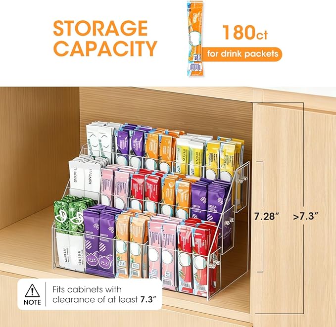 AIEVE Drink Packet Organizer with 15 Compartments, Water Packet Organizer for Water Flavor Drink Mix, Easy Assembly Acrylic Sugar Packets Holder for Cabinet Kitchen Storage Organization