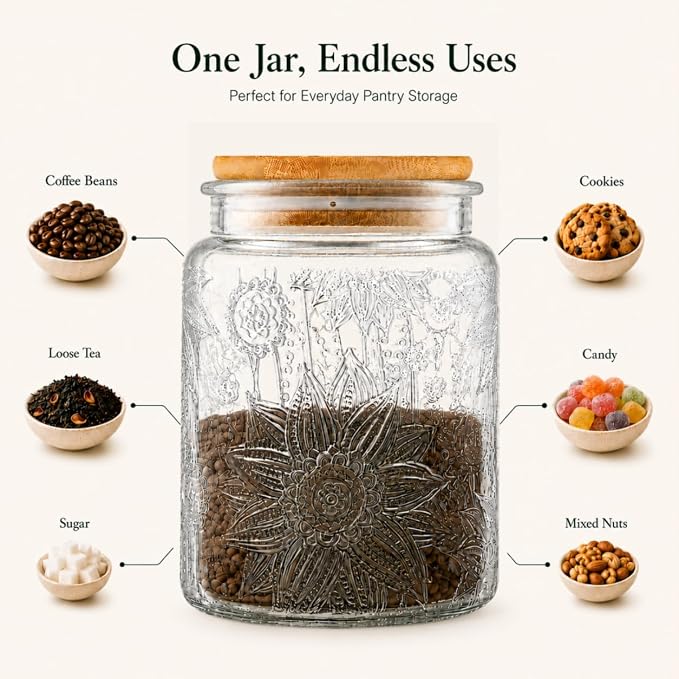 ANSQU Vintage Glass Jar with Lid, 23.7oz Airtight Glass Food Storage Container for Kitchen Counter, Pantry, Decorative Jar for Coffee, Tea, Sugar, Cute Jar