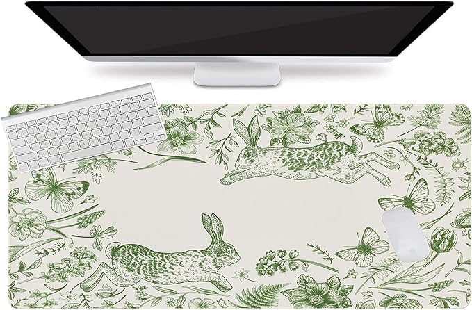 L-SPOUTTO Green Floral Desk Mat for Keyboard and Mouse,XXL Gaming Mouse Pad | Large 35.4x15.7in Non-Slip Rubber Base Keyboard Pad Waterproof Desktop Mat for Laptop Computer Work Home Office