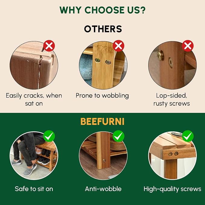 BEEFURNI Wooden Shoe Rack Bench, 3-Tier Wooden Shoe Organizer for Entryway, Aciaca Bench with Shelf, Solid Wood Shoe Storage Bench for Doorway, Hallway, 300 LBS, 1-Year Warranty, Natural Acacia