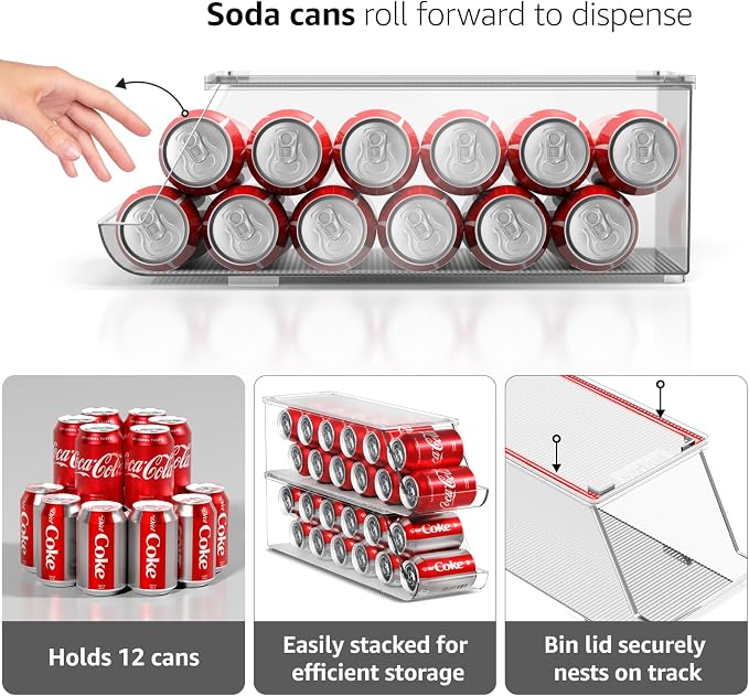 Sorbus Soda Can Organizer for Refrigerator & Egg Holder for Fridge Set, 1 Stackable Can Holder Dispenser Holds 12 Cans Each & 1 Egg Holders with Lid holds 14 eggs for Fridge, Pantry, Freezer, BPA-Free