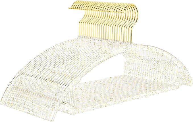MIZGI Premium Clear Hangers with Gold Glitter (50-Pack) - Heavy-Duty Acrylic Suit Hangers with Gold Hooks - No Shoulder Bump Space Saving Clothes Hangers for Jackets, Coats, Dresses