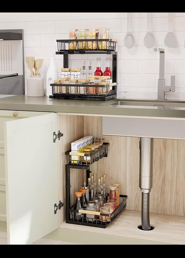 Adjustable Under Sink Organizer, 2-Tier Heavy Duty Metal Storage Rack for Kitchen & Bathroom