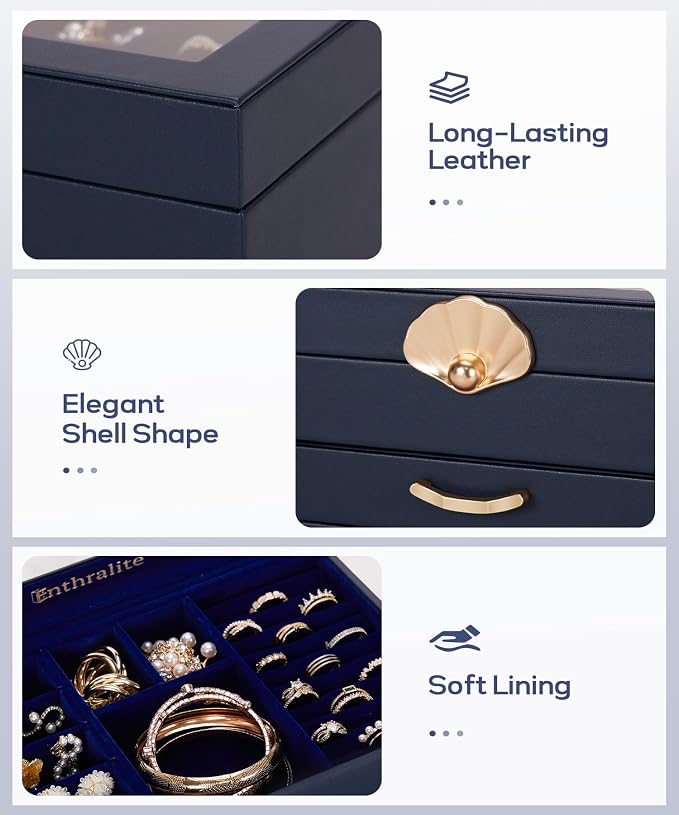 Enthralite Modern Jewelry Organizer for Women: 2-Layer Box with Clear Lid | Space-Saving Design for Elegant Vanity Order - Storage for Ring Earring Necklace Bracelet - Suits Women Who Value Style