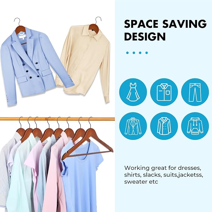 JS HANGER Wooden Hangers 30 Pack, Retro Wood Suit Hangers with Non Slip Shoulder Grooves, Clothes Hangers for Coats, Shirts, Jackets, Pants, Suits