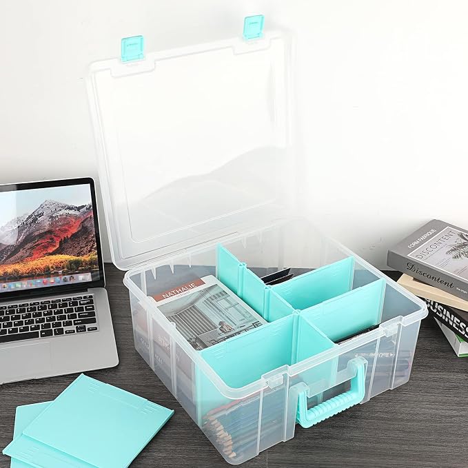 BTSKY Clear Plastic Dividing Storage Box with 8 Deep Compartments Adjustable Storage Bin with Lid Portable Craft Storage Container Multipurpose Sewing Box Art Supply Organizer, 15.1x13.9x6.1 Inches