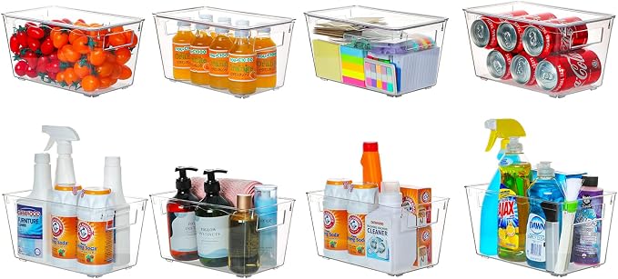 KAMOTA Plastic Storage Organizer Basket Bin with Handles and Lids for Bathroom, Pantry, Kitchen Cabinet, Fridge, Closet, Bedroom, Office and Home Organization - 8 pack - Clear