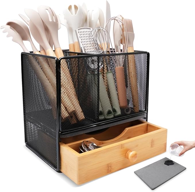 Kitchen Utensil Holder Countertop, Extra Large Utensil Organizer with Drawer, 2-Tier Utensil & Silverware Organizer for Kitchen Counter, Cooking Utensil Cutlery Caddy, Quick Dry Diatomite Base