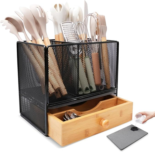 Kitchen Utensil Holder Countertop, Extra Large Utensil Organizer with Drawer, 2-Tier Utensil & Silverware Organizer for Kitchen Counter, Cooking Utensil Cutlery Caddy, Quick Dry Diatomite Base