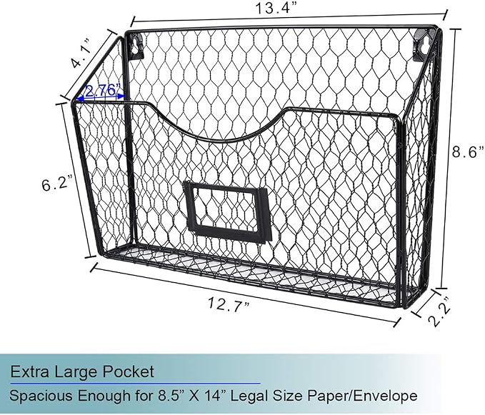 PAG 3 Pockets Hanging File Holder Wall Mount Mail Organizer Metal Chicken Wire Magazine Rack with Tag Slot, Black