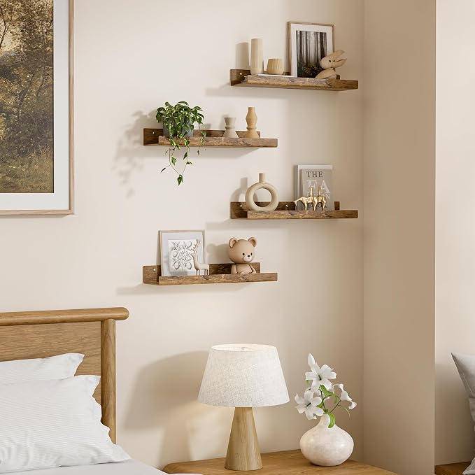 upsimples 4 Pcs 15" Acrylic Shelves for Wall Decor and Display, Rustic Wood | Cute Floating Shelf for Perfume, Skincare, Nail Polish, Wall Organizer for Bedroom, Living Room, Playroom, Room Décor