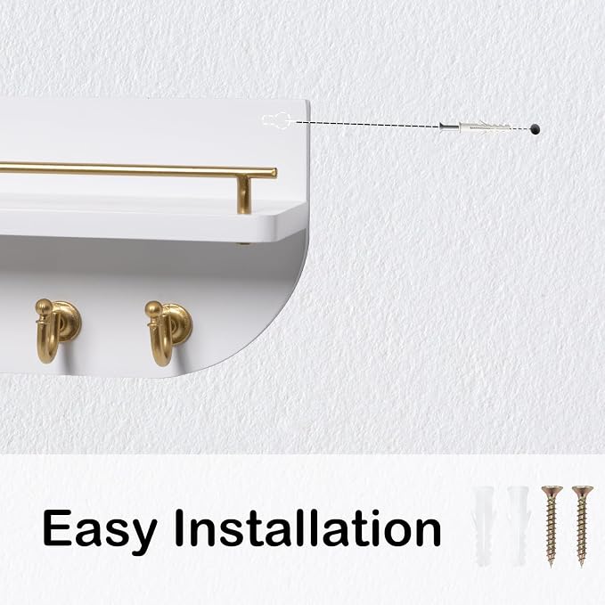 Key Holder for Wall, Decorative Key and Mail Organizer with 6 Sturdy Metal Hooks and Floating Shelf, 14 Inches Wood Wall Mounted Key Rack for Entryway, White and Gold