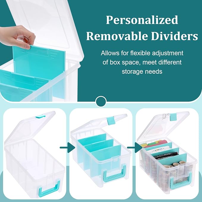 BTSKY Clear Plastic Dividing Storage Box with 4 Deep Compartments Adjustable Storage Bin with Lid Portable Craft Storage Container Multipurpose Sewing Box Art Supply Organizer, 13.9x7.9x6.2 Inches
