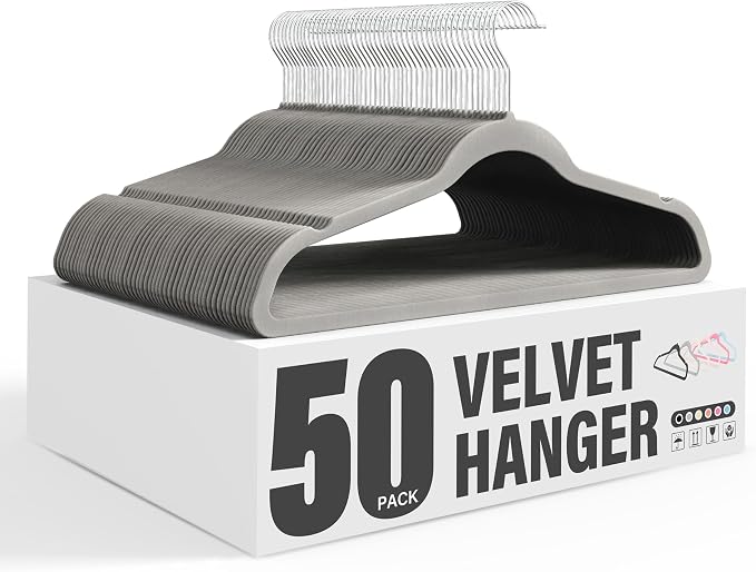 Simple Deluxe Velvet Hangers 50 Pack, Non-Slip Clothes Hangers with Shoulder Notches, 360° Swivel Hooks, Heavy Duty Coat Suit Hangers for Closet Space Saving, Grey