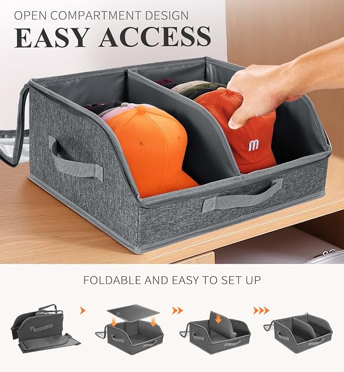 Hat Organizer for Baseball Caps, 2 Compartments Clear Window Hat Storage Box for Closet Hold Up to 24 Caps, Hats Holder Container with Sturdy Cardboard for Home Storage | Dark Gray