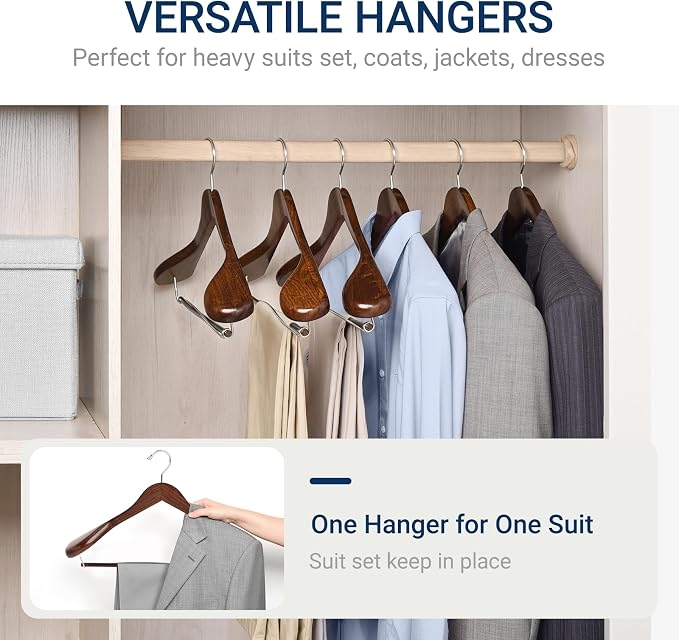 Amber Home 6 Pack Wide Shoulder Wooden Suit Hangers, Retro | Retro Wood Coat Hangers with Non Slip Locking Bar, Clothes Hangers for Jackets, Sweaters, Pants & Heavy Clothes