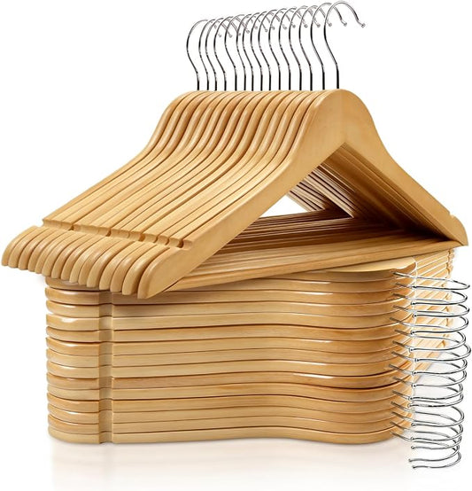 30 Pack Wooden Hangers, Solid Wood Coat Hanger with 360 Swivel Hook, Smooth Finish 17.5 Inch Clothes Hanger with Shoulder Groove for Shirts, Pants, Suits, Jackets, Dresses, Sweaters, Natural