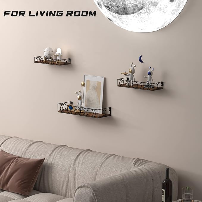 Moon Phase Wall Shelves Brown Black, 3 Pack Small Floating Book Plant Shelves for Bedroom Kid Room, Decorative Storage Display Shelf for Crystal Figurine Collectibles