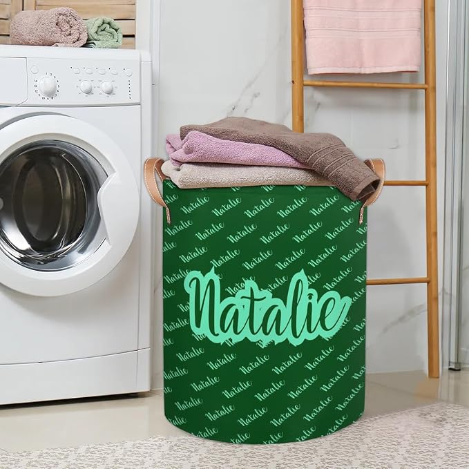 Personalized Laundry Basket, Custom Gift Laundry Hamper, Collapsible Nursery Waterproof Laundry Baskets, Dirty Clothes Toy Hamper with Handles Name Text Green
