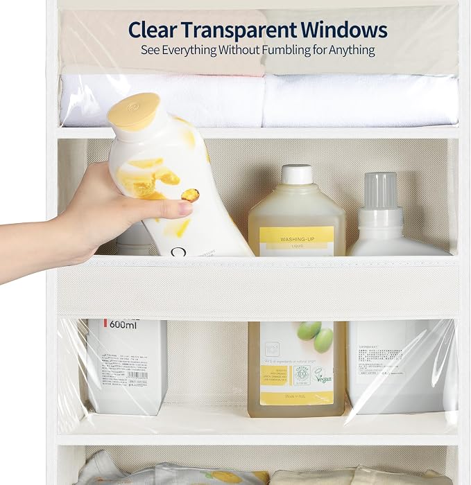 Yecaye 5 Tier Clear Over the Door Organizer Hanging, 5 Large Plastic Pockets and 10 Side Pockets Back of Door Organizer, 56lbs Weight Capacity Behind the Door Storage for Nursery, Ivory White