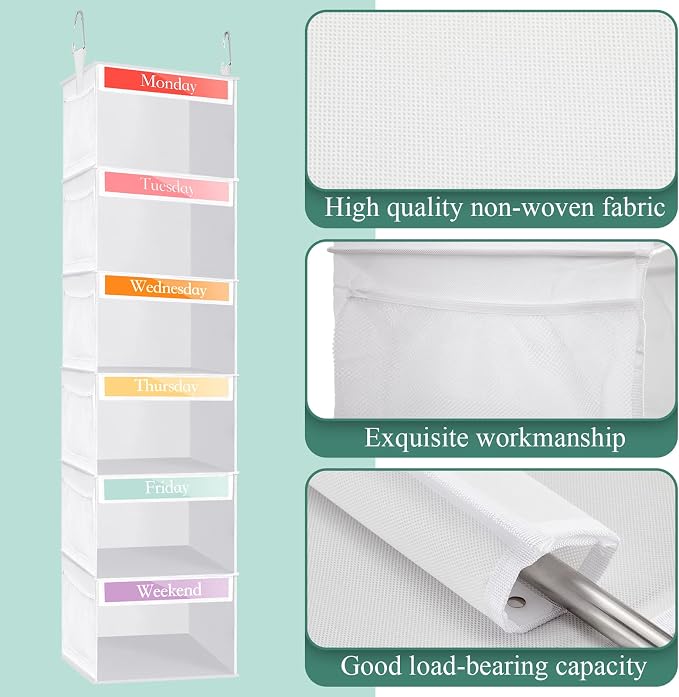 Amylove 2 Pack 6 Shelf Weekly Clothes Organizer for Kids with Side Pocket, 47 Inch Days of the Week Clothes Organizer, Monday to Friday Daily School Outfits Clothing Divider for Kids(White)