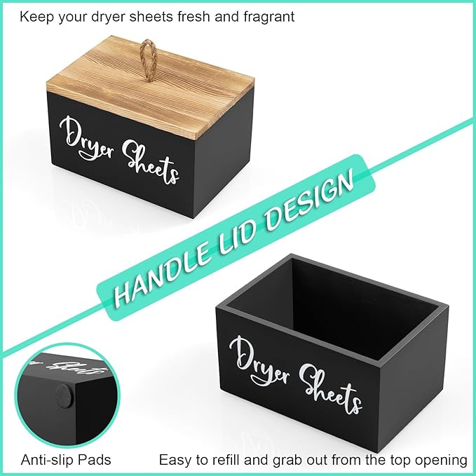 Bivvclaz Dryer Sheet Holder, Wooden Laundry Sheets Container, Laundry Room Organization and Storage for Farmhouse Laundry Room Decor and Accessories, Fabric Sheet Holder, Black