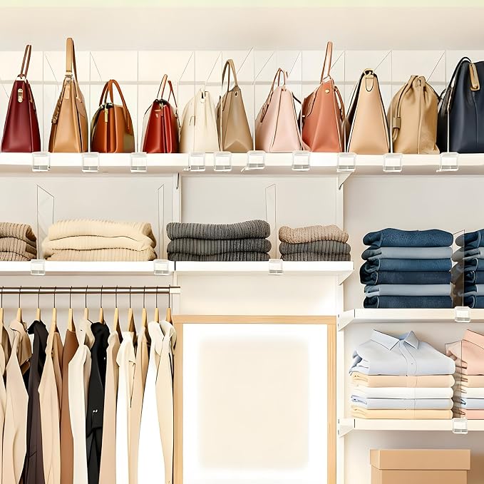 Purse Organizer for Closet Shelf Dividers: 16-Pack Adjustable Clear Acrylic Bag Storage Organizer for Handbags, Sweaters, Towels, Jeans and Shoes on Wood Shelves