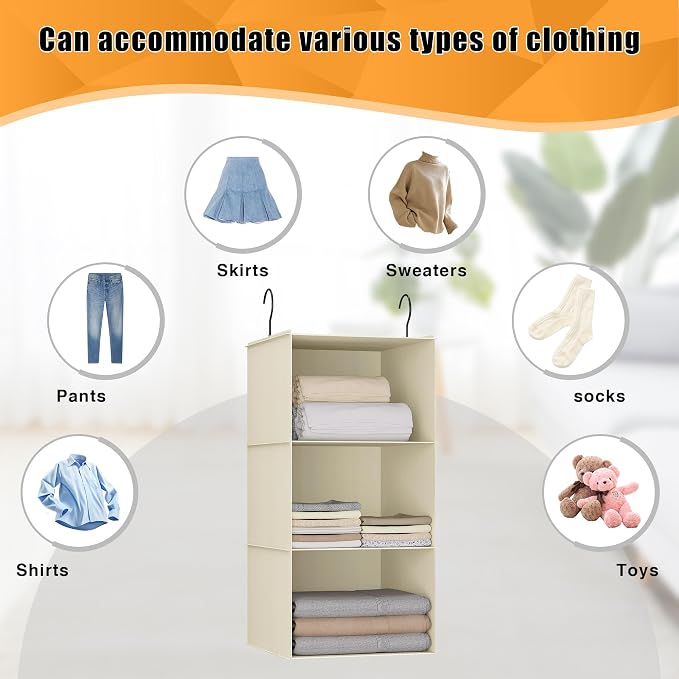 Hanging Closet Organizer 3-Shelf, Oxford Fabric Wardrobe Storage, Beige | Easy-mount foldable design holds clothes, handbags, shoes & accessories; washable Oxford fabric, sturdy and space-saving.