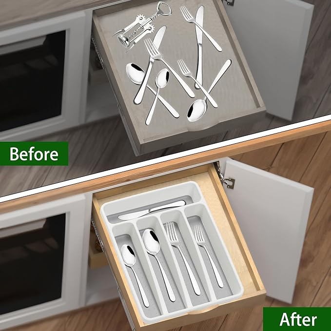 Loyareal Silverware Organizer Utenisl Organizer Holder Kitchen Drawer Organizer Plastic Silverware Tray for Drawer Flatware Organizer 5 Compartment White