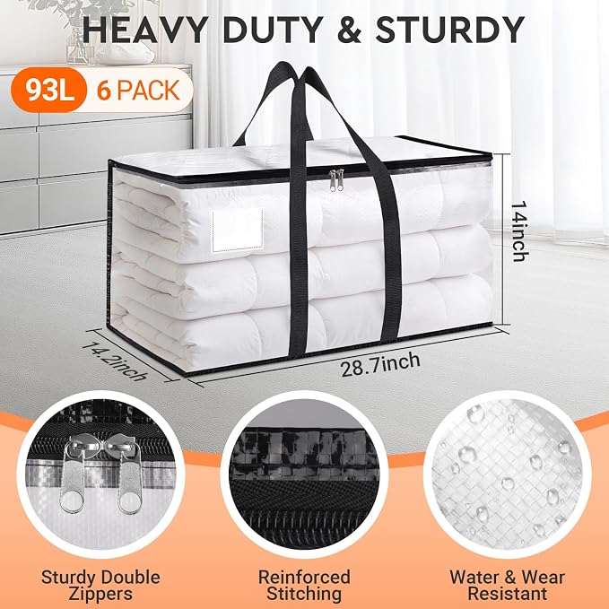 HomeHacks Clear Moving Bags Heavy Duty 6 Pack, Storage Bags with Zipper, Extra Thick Handles & Waterproof Packing Boxes for Moving, Camping, Home Organization 93L/24Gal (28.7"x14.2"x14")