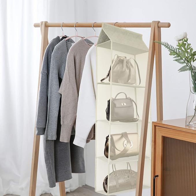 Closet Handbag Purse Holder, Space Saving Hanging Handbag Tote Bag Storage Organizer Holder with 4 Large Heavy-Duty Mesh Shelves for Wardrobe Closet(Beige)