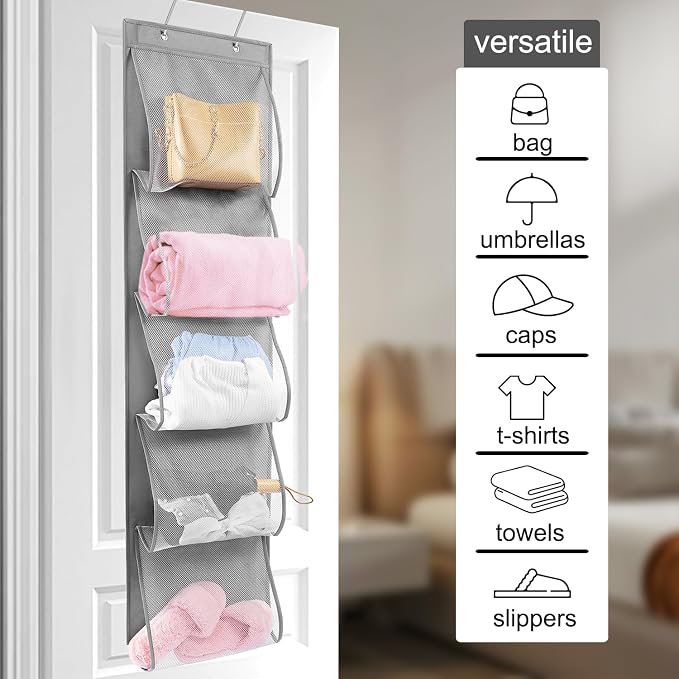 2 Pack Over the Door Hanging Vinyl Organizer Embroidery Stabilizer Holder Purse Storage for Closet Bath Towel Hanger Scarf Container 5 Large Pockets (One Side)