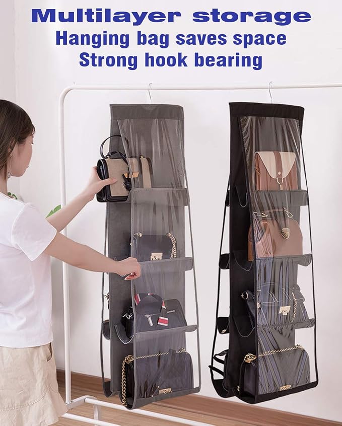 AARAINBOW 2 Packs Hanging Handbag Purse Organizer for Closet, Womens Purse Storage Organizers, Hand Bag Organizer Holder 8 Pockets Space Saving, 46 L x 13.8W (C-Gray Pink)
