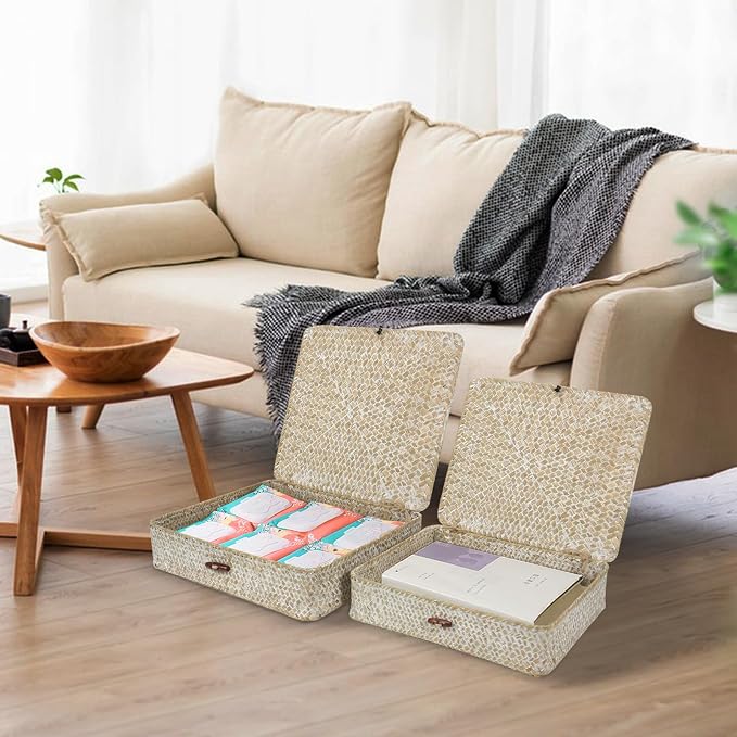 Set of 2 Flat Seagrass Storage Bins with Lid Wicker Storage Baskets for Organizing, Woven Shelf Organizer Bins Home Utility Organizer Box for Home & Office Supplies