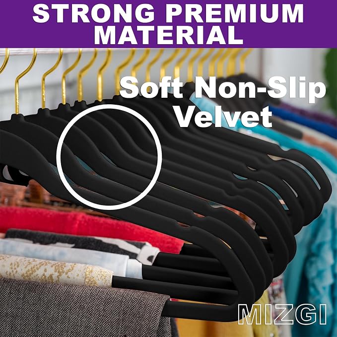 MIZGI Premium Velvet Hangers Pack 40 Pcs Heavy Duty - Non Slip Felt Hangers - Velvet Suit Hangers Black with Gold Hooks,Space Saving Clothes Hangers