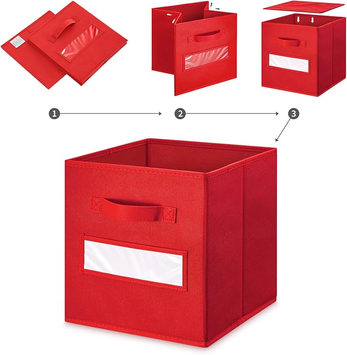 11 Inch Storage Cube,Storage bin,cube storage (Set of 10) Foldable Fabric Cube Storage Bins with 10 Labels Window Cards & a Pen,Baskets Containers for Shelves,Closet Organizers Box,Red