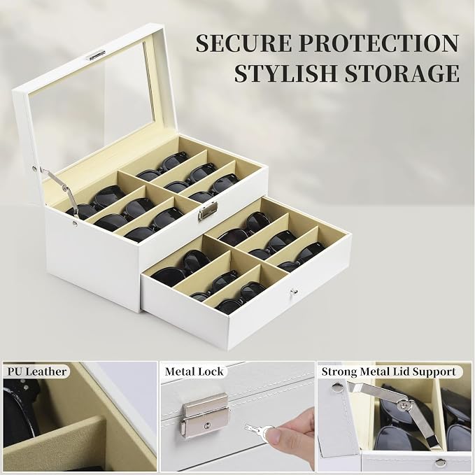AUTOARK Leather 12 Piece Eyeglasses Storage Display Case,White,AW-053 | Sunglass Organizer,Drawer Lockable,Display Drawer