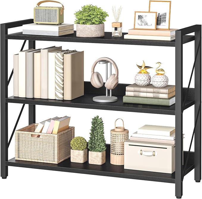 HOOBRO Bookshelf, 3-Tier Industrial Bookcase, Book Shelf Storage Organizer, Bookshelf with Metal Frame for Living Room, Bedroom, Home Office, Kitchen, Black BB718SJ01