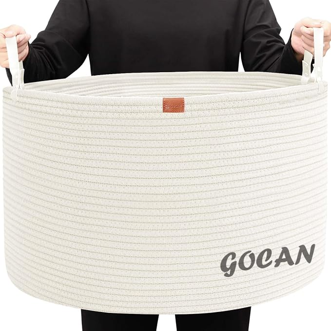 GOCAN Extra Large Storage Laundry Basket 22" X 22"X 14" Cotton Rope Woven Basket for Blanket Basket with Handles for Living Room Toys Storage XXXL (Cream)