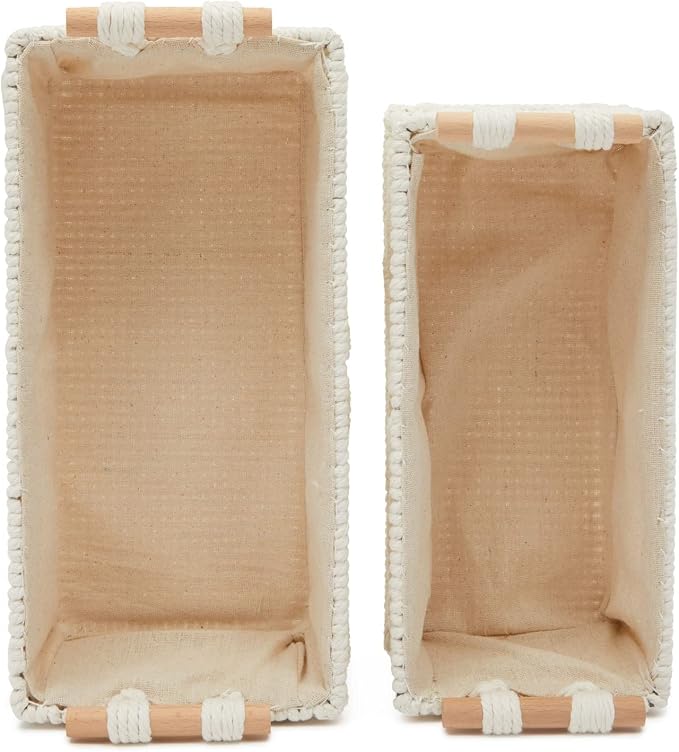 Okuna Outpost Macrame Storage Basket Set - Macrame Shelf Baskets for Storage - Cotton & Wood Handle Organizer for Bathroom & Nursery Decor - Pack of 2, Ivory, 13.5 x 6.5 x 4 & 12 x 5.5 x 4 in