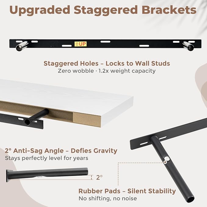FLYJOE 40 Inch Floating Shelves for Wall Set of 2, 6.5" D Wood Grain Bathroom Shelves with Invisible Brackets, Easy Install Engineered Wood Storage Shelves for Kitchen, Living Room, Bedroom
