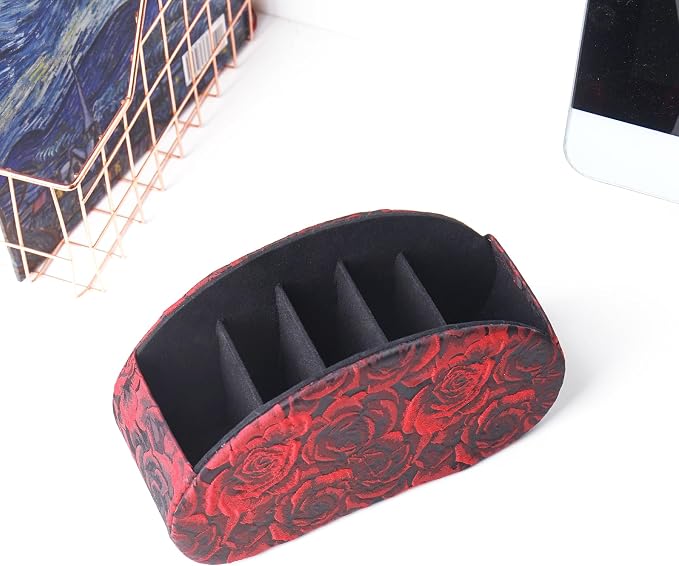 Remote Control Holder, PU Leather Remote Caddy Desktop Organizer with 5 Spacious Compartments for TV Remotes/Media Controllers/Office Supplies (1-3D Rose Red