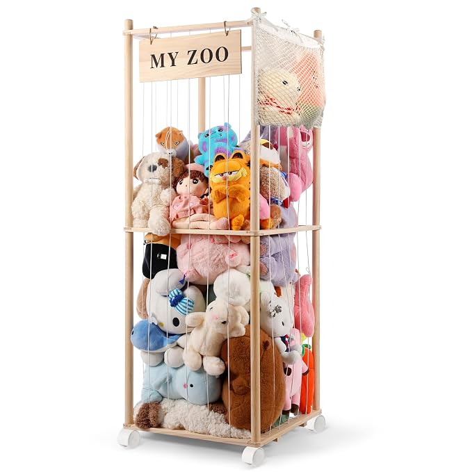 GLDZI Stuffed Animal Storage Zoo with Wheels, Wooden Stuffed Animal Organizer with Elastic Cords, Space Saving Toy Plushies Storage Holder for Playroom, Bedroom, Living Room(Burlywood, Large)