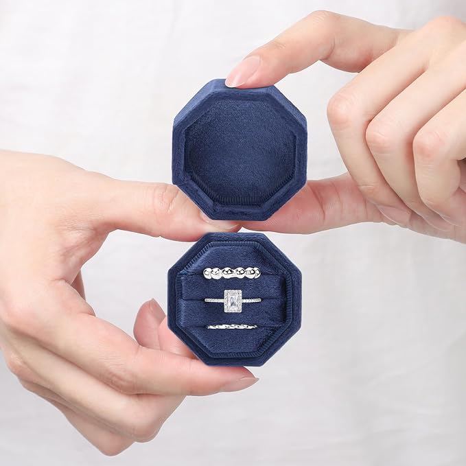 WantGor Velvet Ring Box, 3 Slots Jewelry Ring Gift Box Vintage Ring Holder | Ring Display Case for Wedding Ceremony Proposal Engagement (Navy Blue)